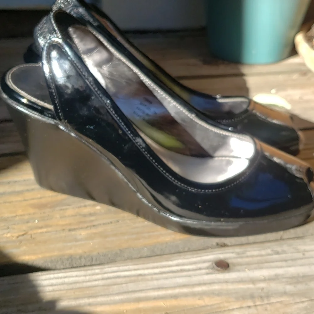 Calvin Klein patent wedge peep toe slingbacks